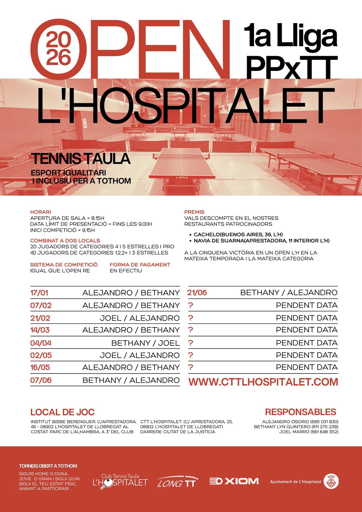 Cartell Open 1a Lliga PPxTT L'Hospitalet 2026 — calendari i emparellaments